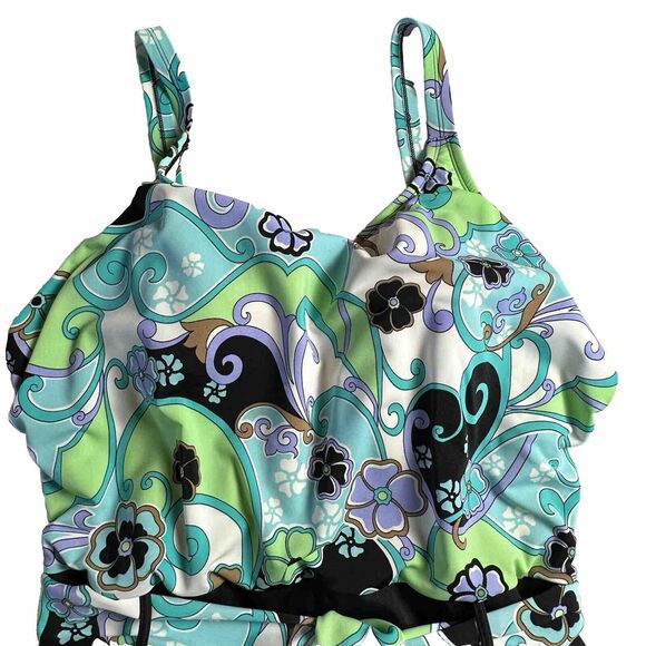 Amoena Women’s 1 Piece Bathing Suit Boho Multicolor V-Neck Skirt Belt Padded 20 - Picture 2 of 10